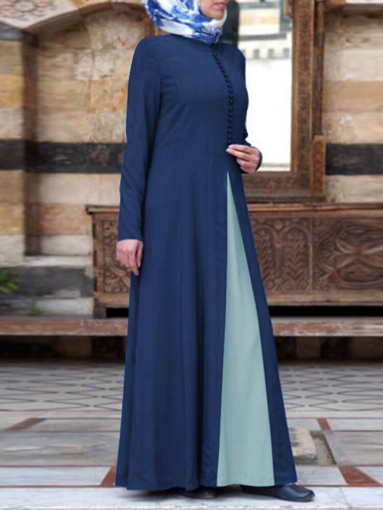 Frauen-kontrastfarbe Die Böhmischen Knopf Langärmliges Muslimisches Maxikleid Abaya Kaftan Näht