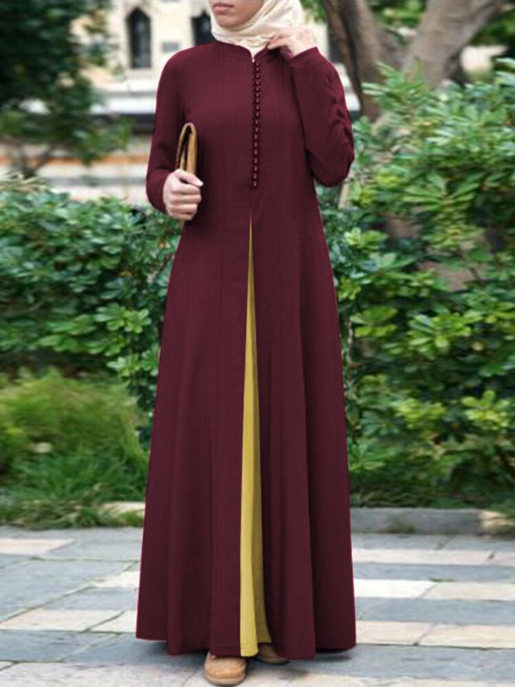 Frauen-kontrastfarbe Die Böhmischen Knopf Langärmliges Muslimisches Maxikleid Abaya Kaftan Näht