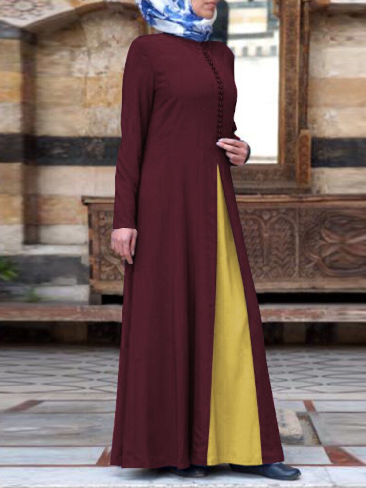 Frauen-kontrastfarbe Die Böhmischen Knopf Langärmliges Muslimisches Maxikleid Abaya Kaftan Näht