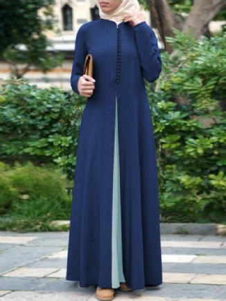 Frauen-kontrastfarbe Die Böhmischen Knopf Langärmliges Muslimisches Maxikleid Abaya Kaftan Näht