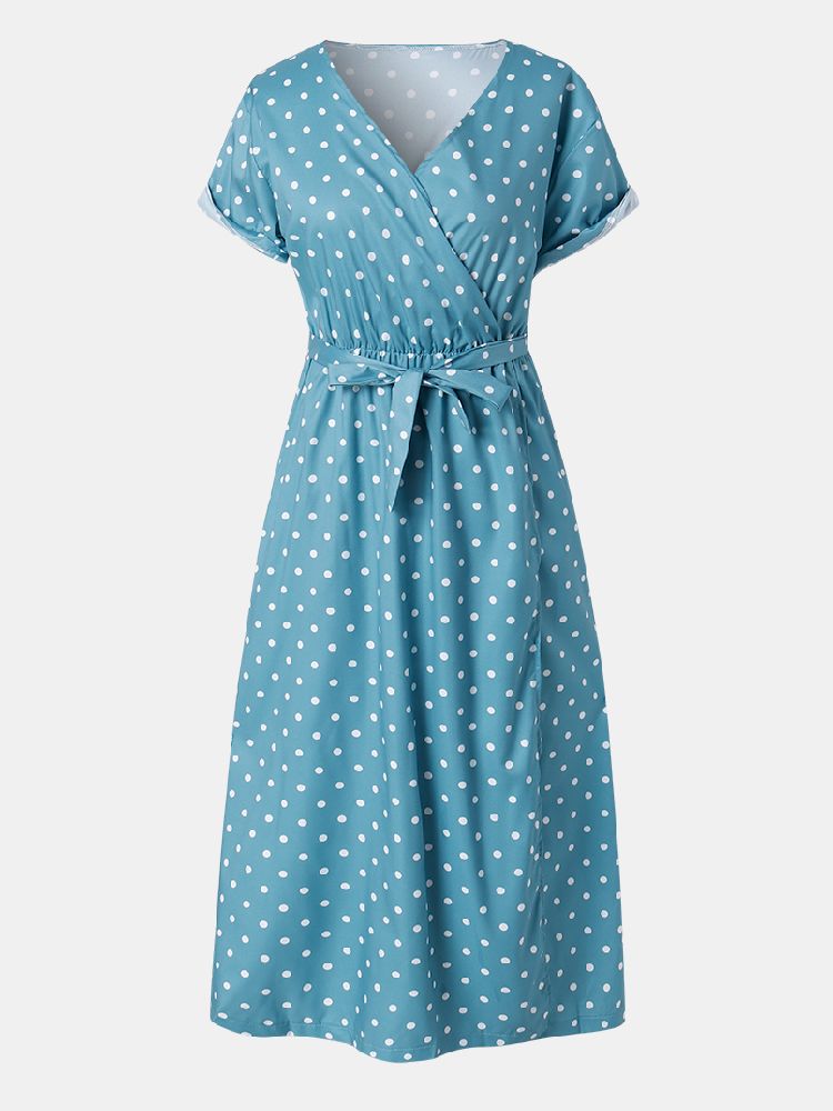 Frauen Niedlich Polka Dot V-ausschnitt Wrap Casual Kurzarm Maxikleider Mit Gürtel