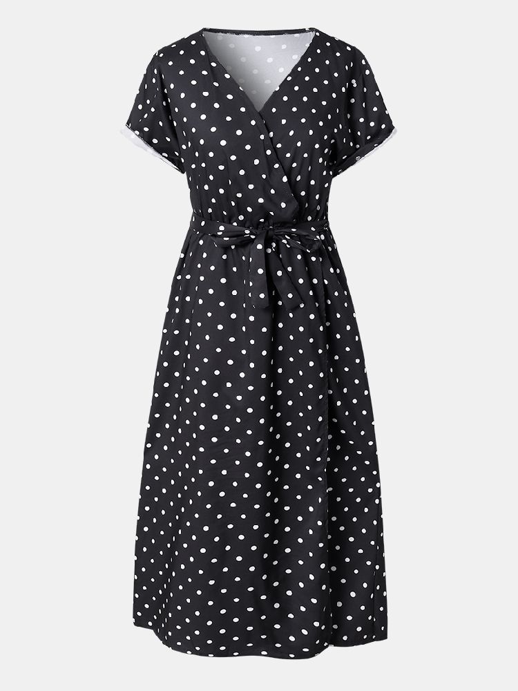 Frauen Niedlich Polka Dot V-ausschnitt Wrap Casual Kurzarm Maxikleider Mit Gürtel