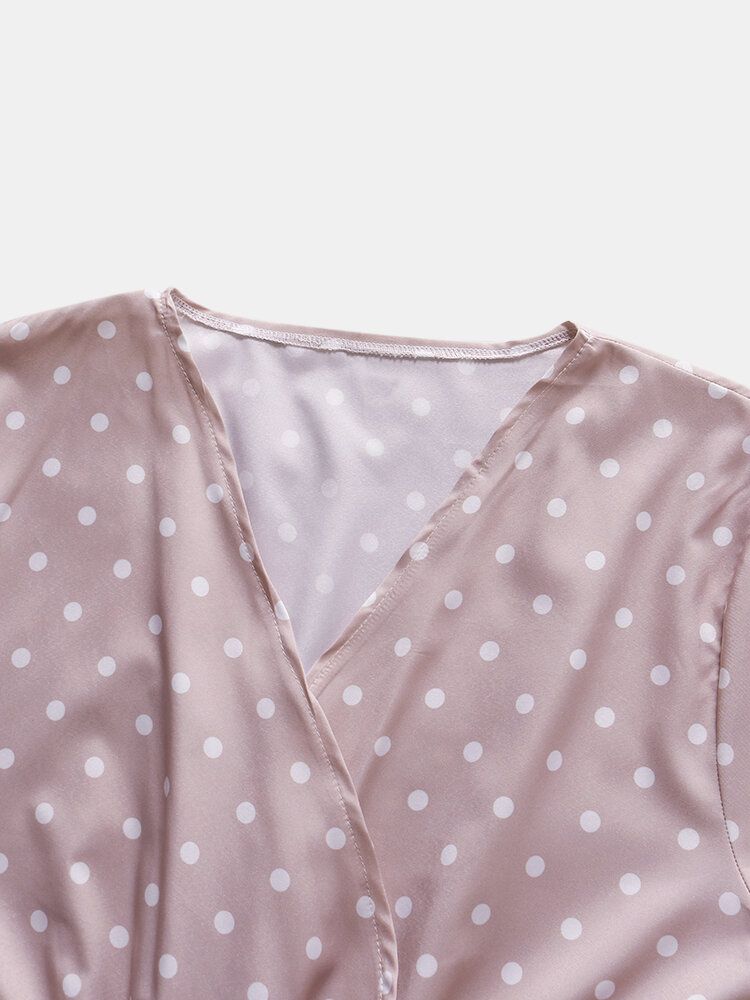 Frauen Niedlich Polka Dot V-ausschnitt Wrap Casual Kurzarm Maxikleider Mit Gürtel