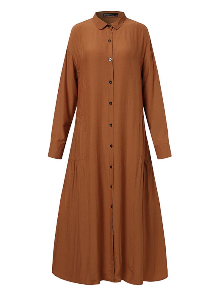 Frauen-normallack-revers-falten-langarm-beiläufiges Hemd-kleid Mit Seitentasche