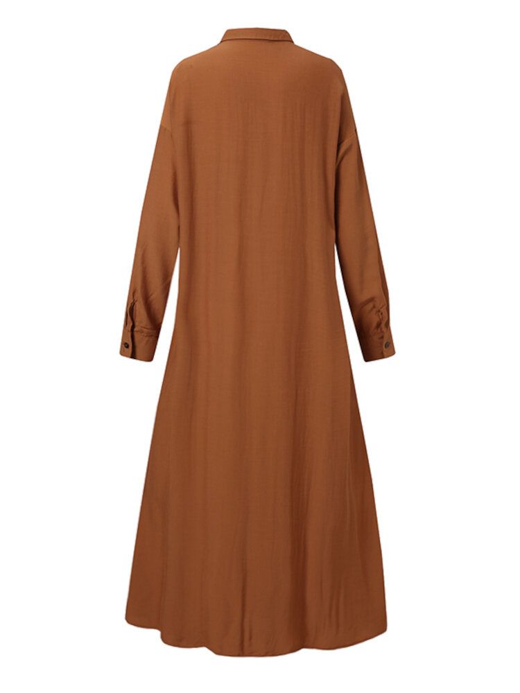 Frauen-normallack-revers-falten-langarm-beiläufiges Hemd-kleid Mit Seitentasche