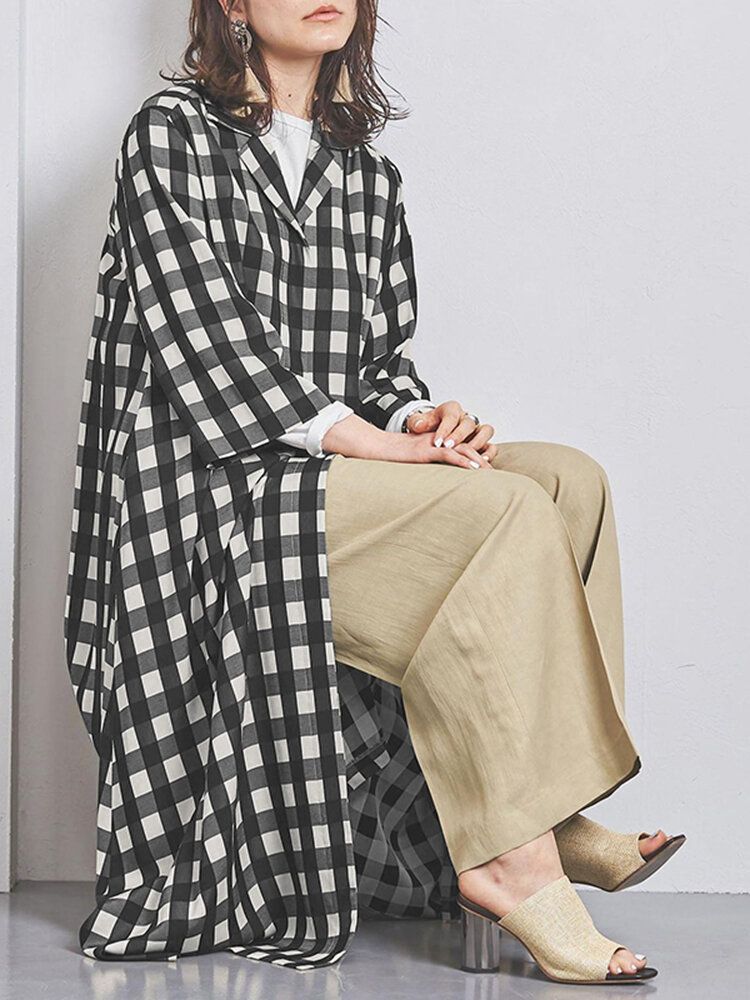 Frauen Plaid Print Revers Langarm Casual Maxi Shirts Kleider Mit Tasche