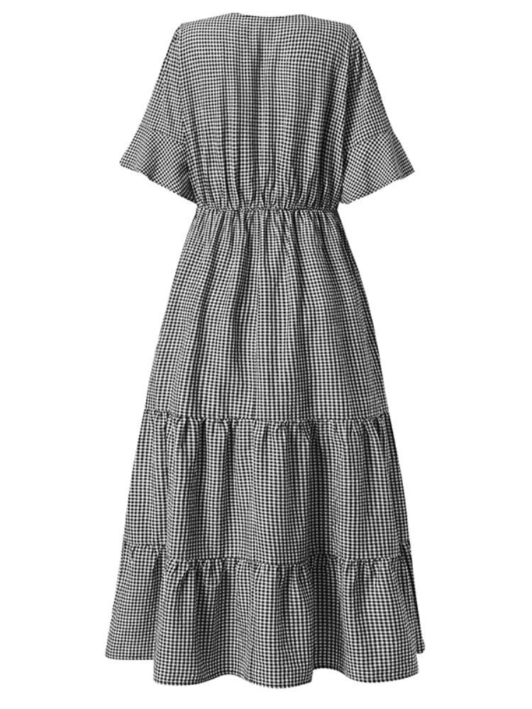 Frauen Plaid Print V-ausschnitt Flare Kurzarm Rüschensaum Tiered Maxikleider