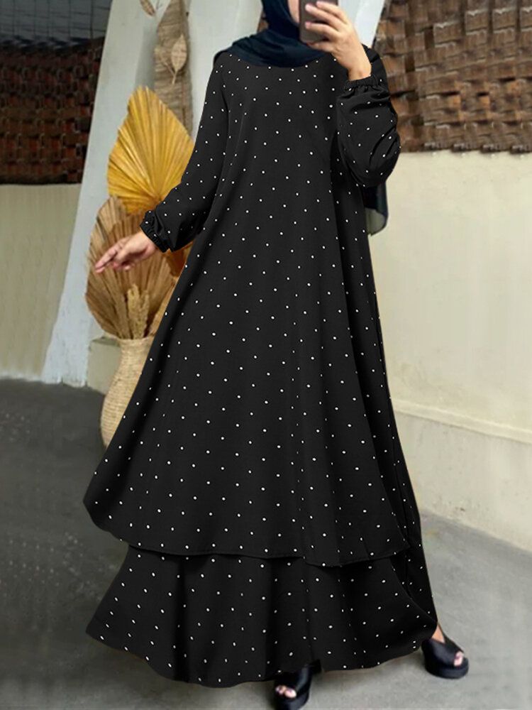 Frauen Polka Dot Kaftan Tunika Elastische Manschettenknöpfe Bodenlange Midikleider Mit O-ausschnitt Und Durchgehenden Ärmeln