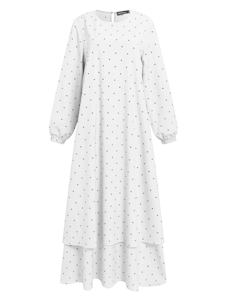 Frauen Polka Dot Kaftan Tunika Elastische Manschettenknöpfe Bodenlange Midikleider Mit O-ausschnitt Und Durchgehenden Ärmeln