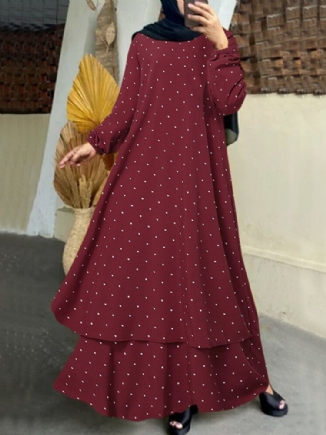 Frauen Polka Dot Kaftan Tunika Elastische Manschettenknöpfe Bodenlange Midikleider Mit O-ausschnitt Und Durchgehenden Ärmeln