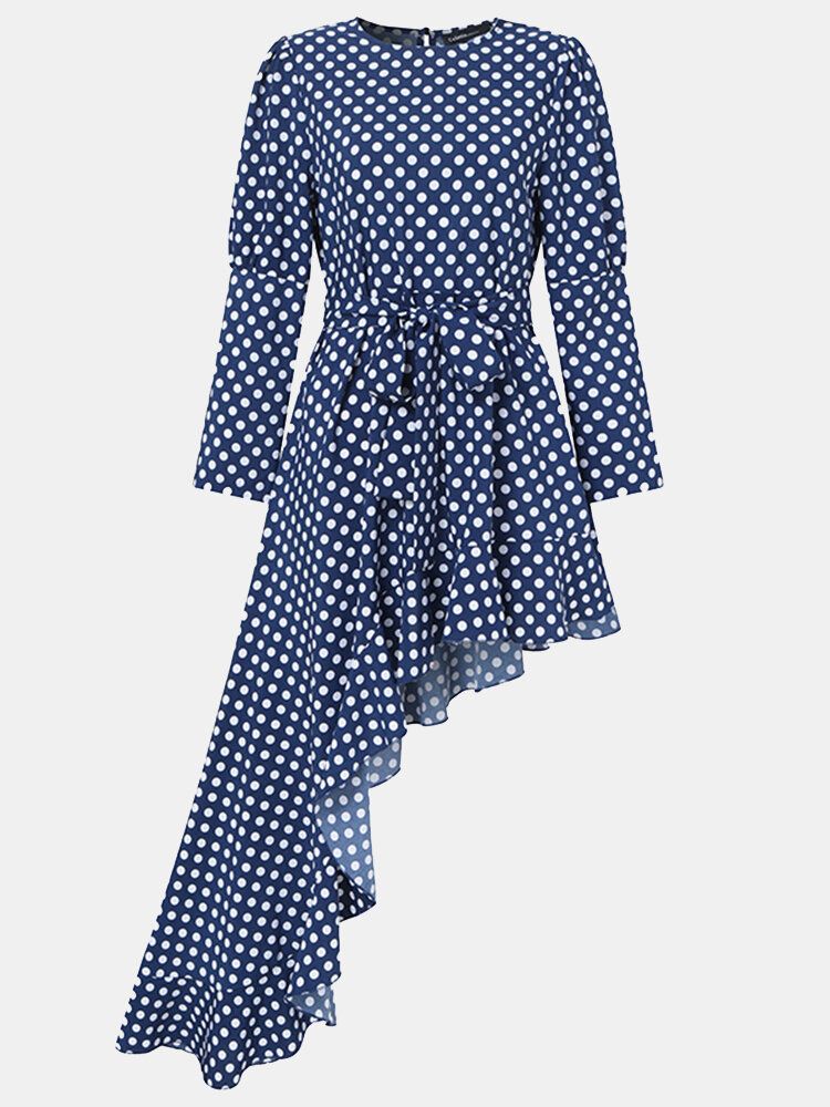 Frauen Polka Dot Print Asymmetrische Rüschen Lässige Maxikleider Mit Langen Ärmeln