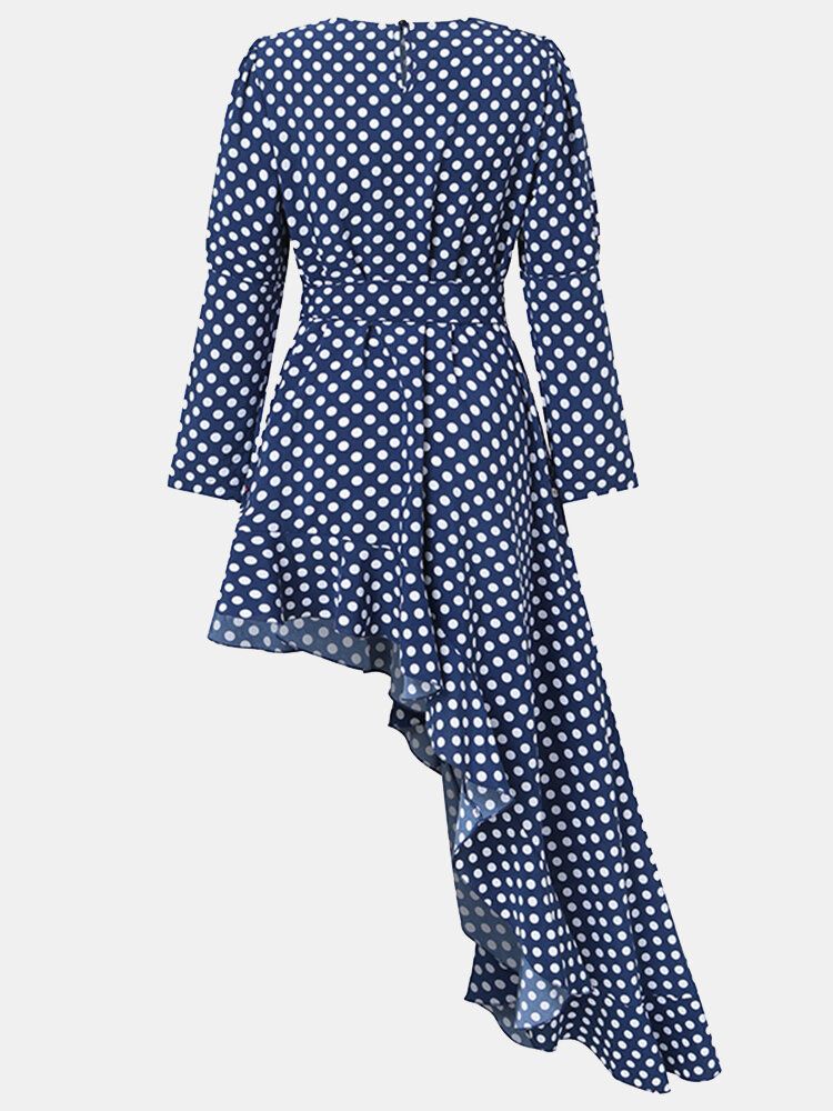 Frauen Polka Dot Print Asymmetrische Rüschen Lässige Maxikleider Mit Langen Ärmeln