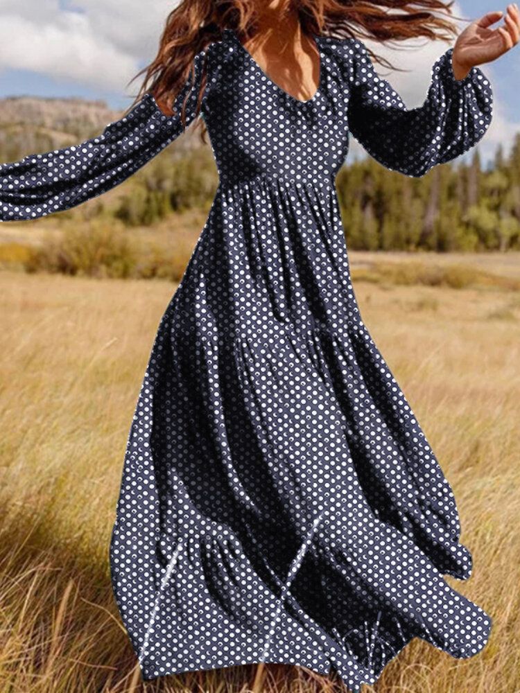 Frauen Polka Dot Print V-ausschnitt Casual Puffärmel Holiday Maxi Kleider