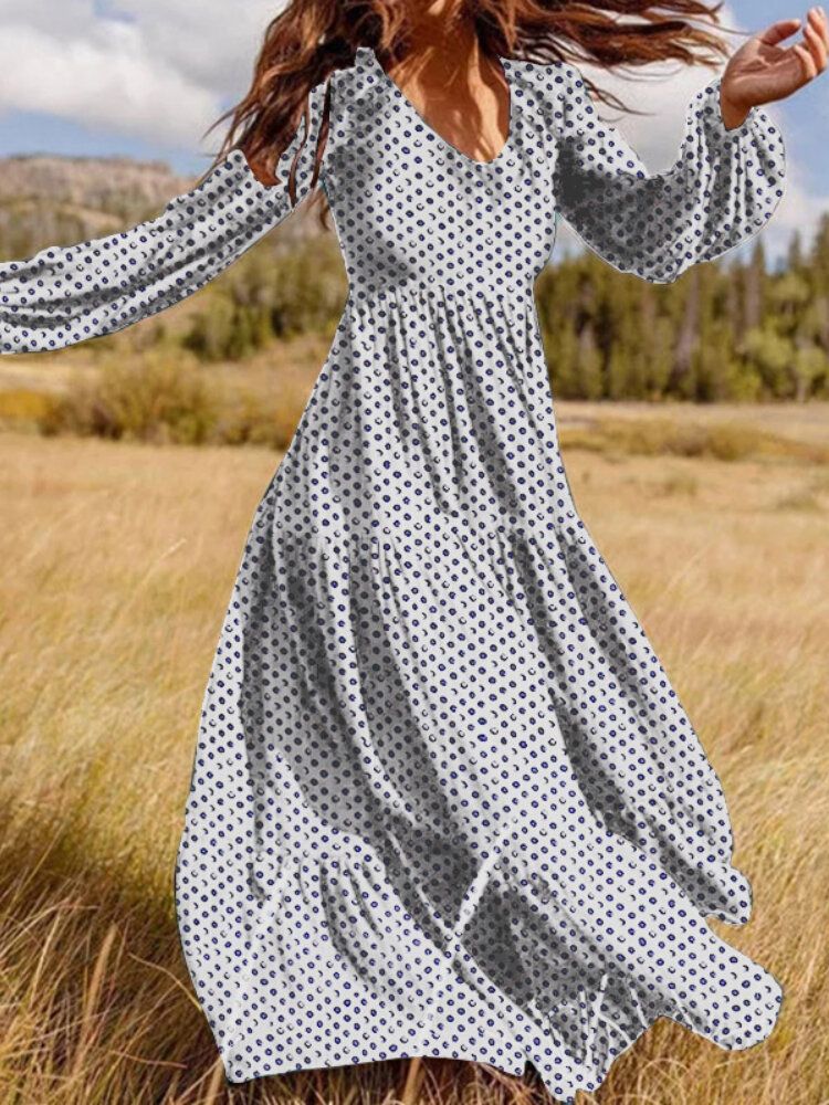 Frauen Polka Dot Print V-ausschnitt Casual Puffärmel Holiday Maxi Kleider