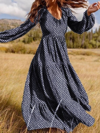 Frauen Polka Dot Print V-ausschnitt Casual Puffärmel Holiday Maxi Kleider