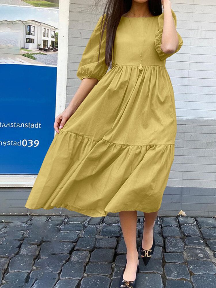 Gespleißtes Plissiertes Lockeres Maxikleid Mit Puffärmeln Für Damen