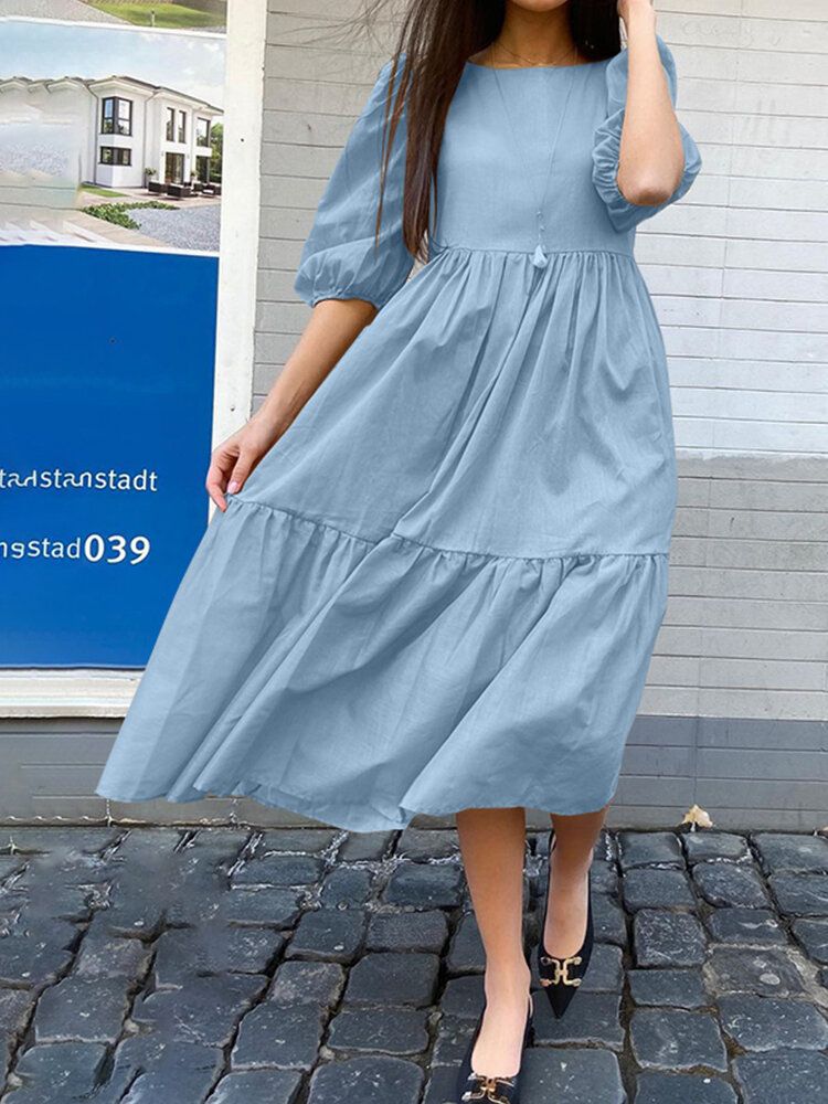 Gespleißtes Plissiertes Lockeres Maxikleid Mit Puffärmeln Für Damen