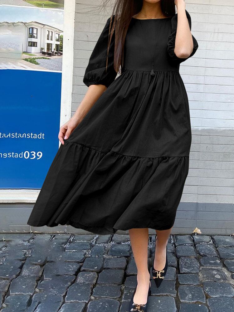 Gespleißtes Plissiertes Lockeres Maxikleid Mit Puffärmeln Für Damen