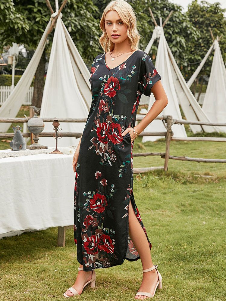 Kurzärmliges Maxikleid Mit Blumenschlitz Und V-ausschnitt