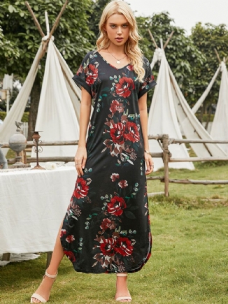 Kurzärmliges Maxikleid Mit Blumenschlitz Und V-ausschnitt