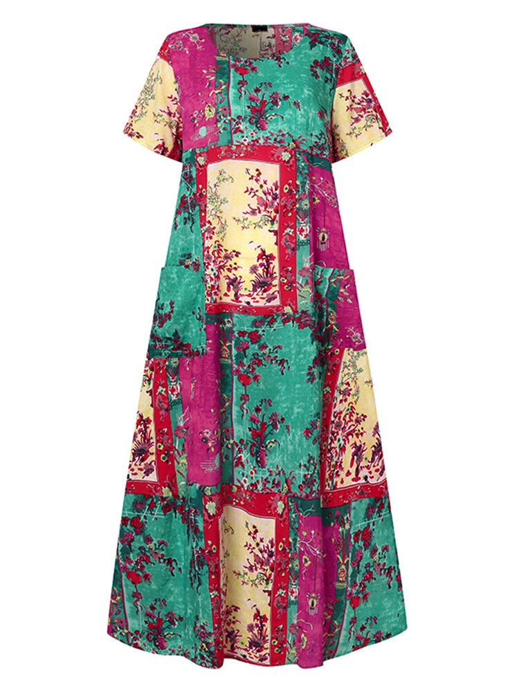 Kurzärmliges Vintage-maxikleid Mit Abstraktem Print Für Damen