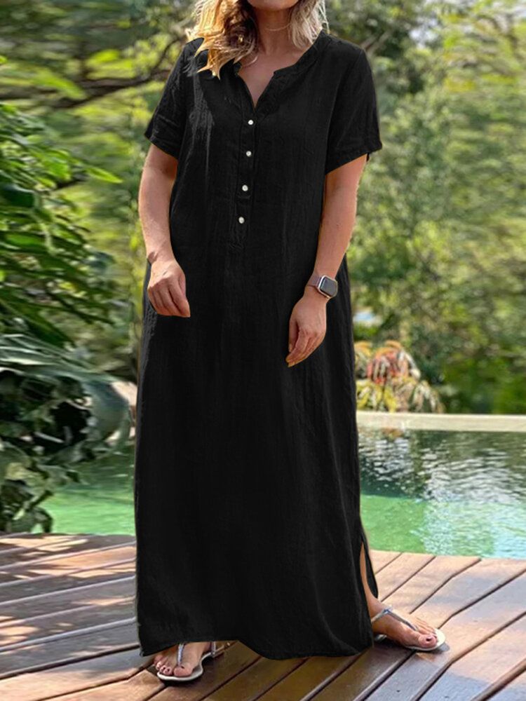 Lässiges Festes Kurzärmliges Bohemian-maxikleid Mit Rundhalsausschnitt Und Knöpfen