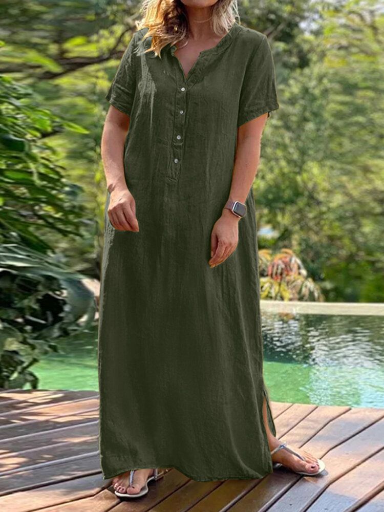 Lässiges Festes Kurzärmliges Bohemian-maxikleid Mit Rundhalsausschnitt Und Knöpfen