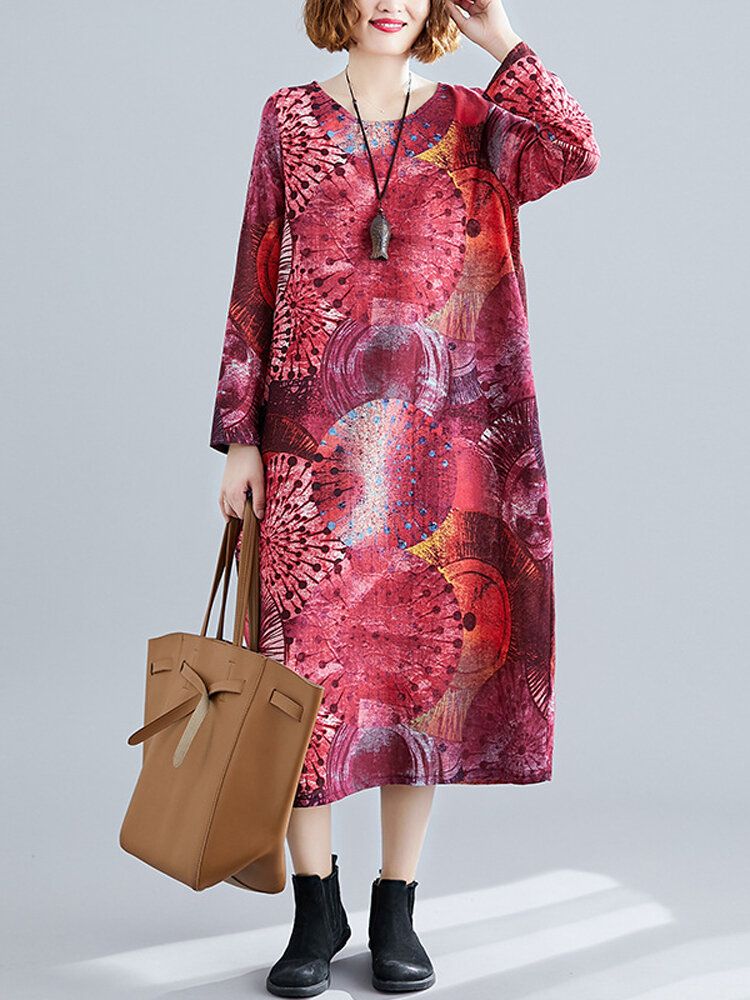 Langärmliges Freizeitkleid Mit Vintage-print O-ausschnitt Und Taschen