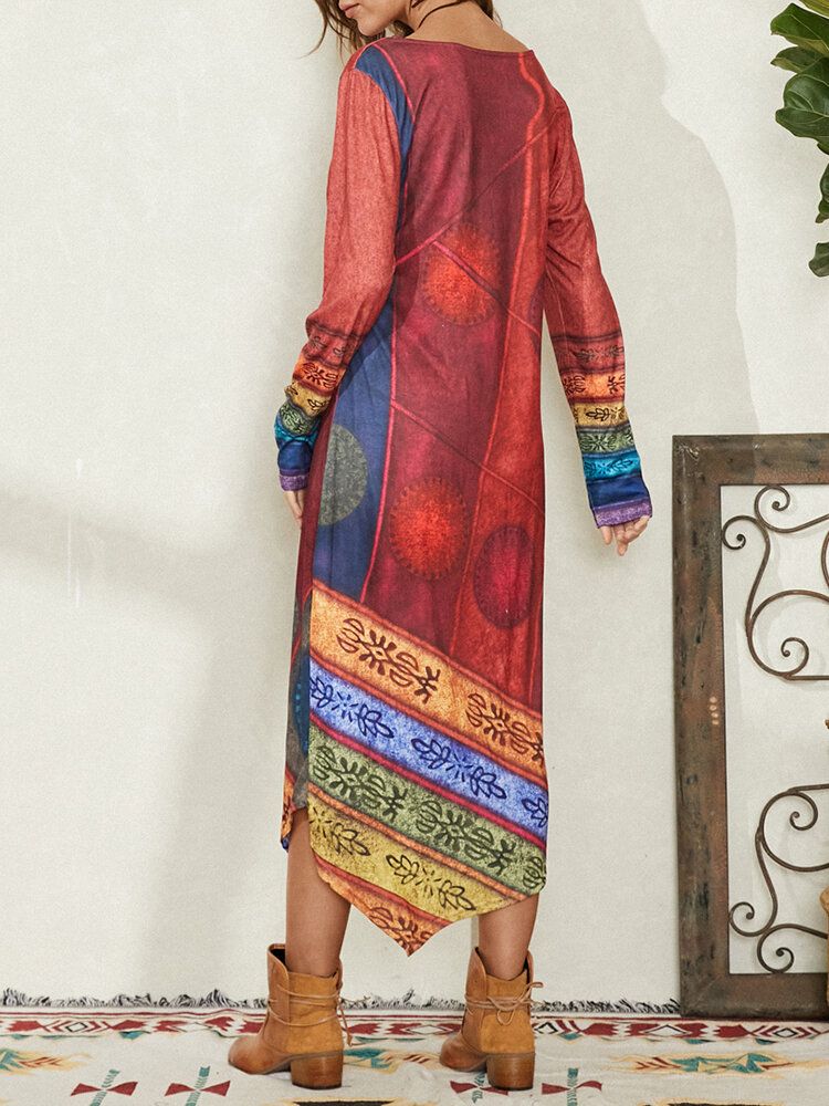 Langarm-freizeitkleid Mit Asymmetrischem Saum Und Vintage-print Für Damen