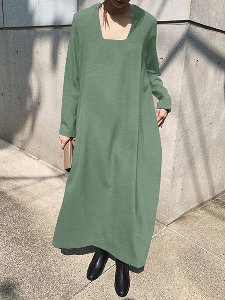 Langes Böhmisches Maxikleid Mit Festem Quadratischem Kragen Und Seitentaschen Für Damen