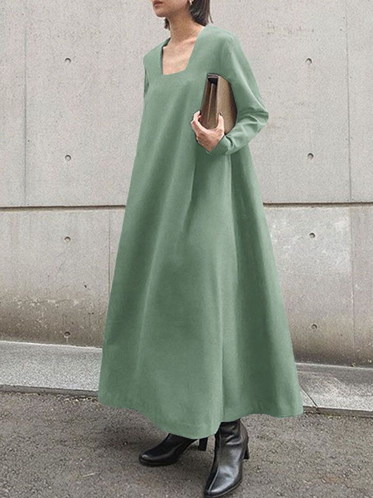 Langes Böhmisches Maxikleid Mit Festem Quadratischem Kragen Und Seitentaschen Für Damen