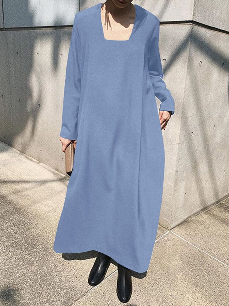 Langes Böhmisches Maxikleid Mit Festem Quadratischem Kragen Und Seitentaschen Für Damen