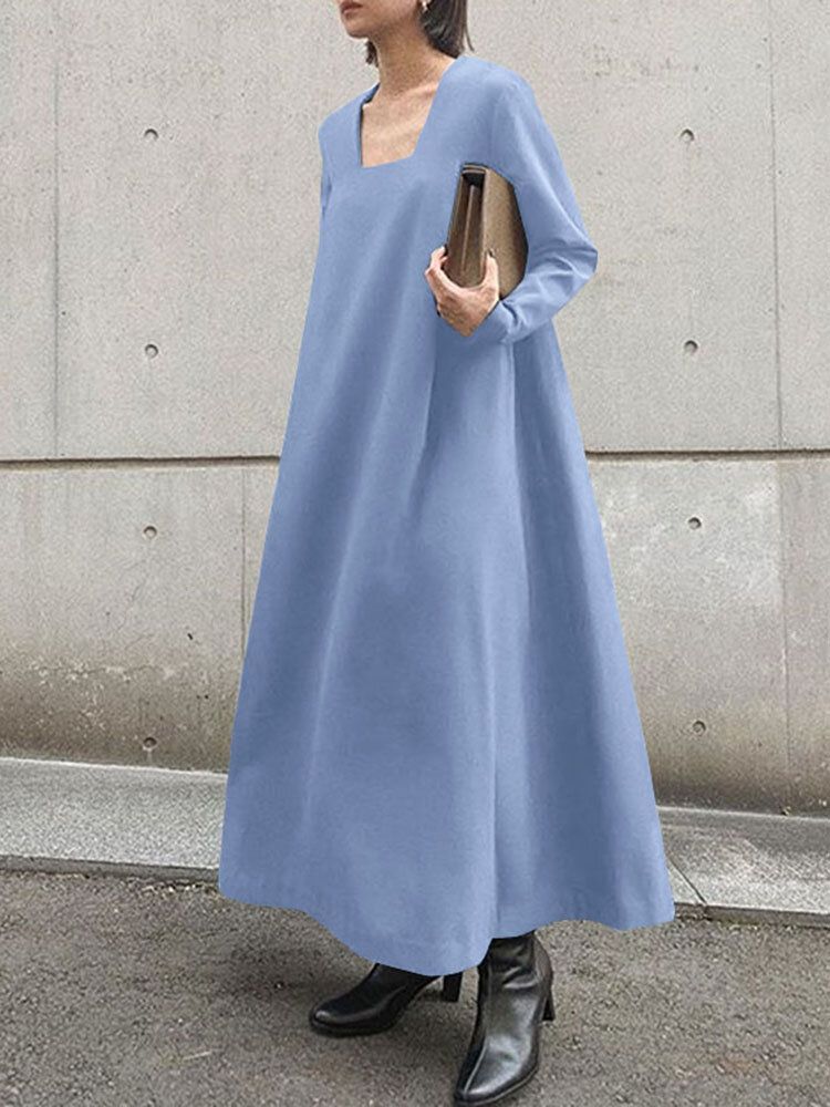 Langes Böhmisches Maxikleid Mit Festem Quadratischem Kragen Und Seitentaschen Für Damen