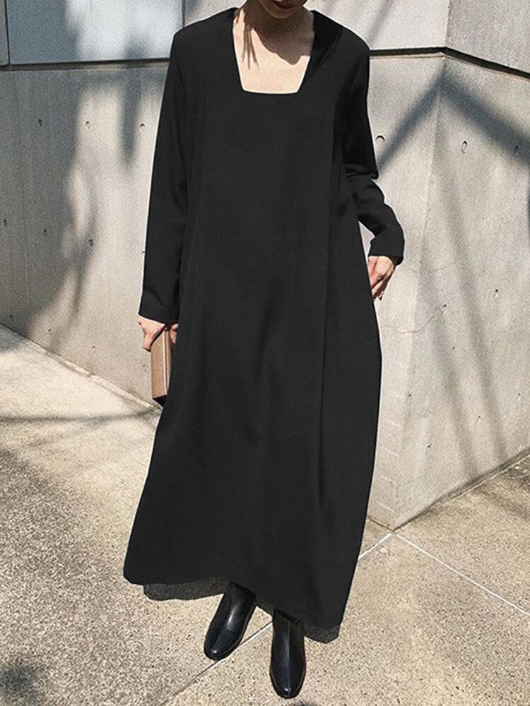 Langes Böhmisches Maxikleid Mit Festem Quadratischem Kragen Und Seitentaschen Für Damen