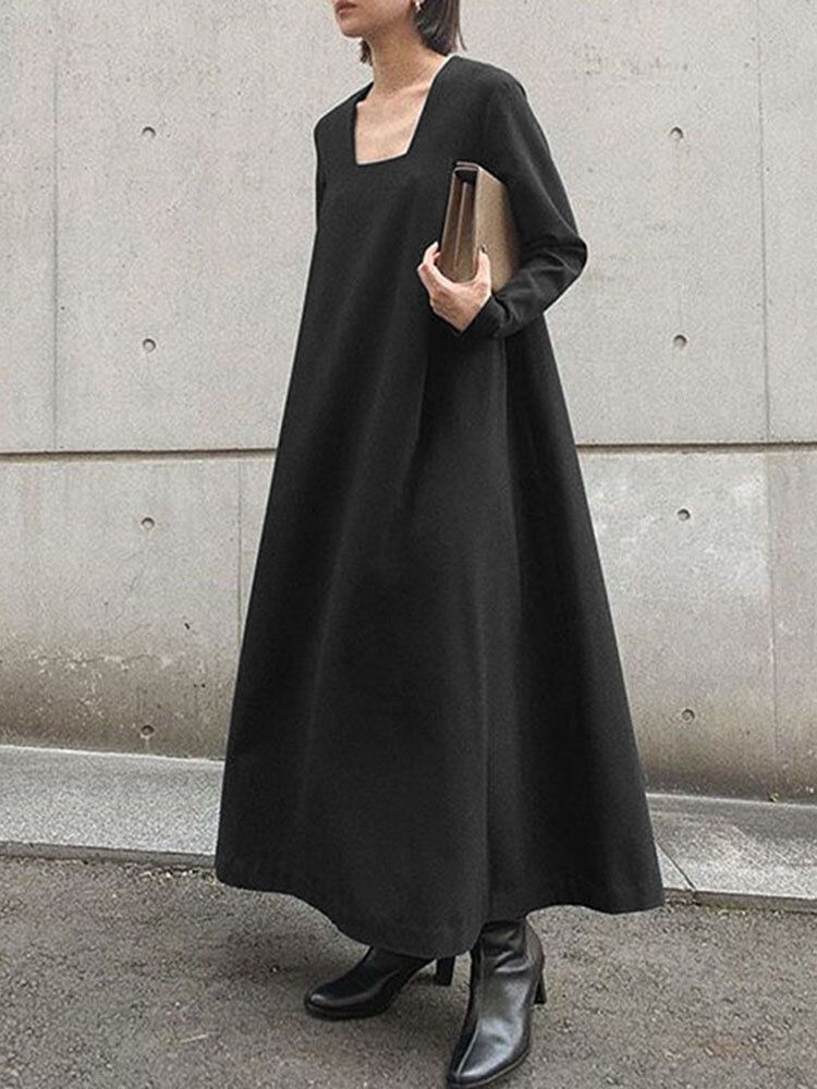 Langes Böhmisches Maxikleid Mit Festem Quadratischem Kragen Und Seitentaschen Für Damen