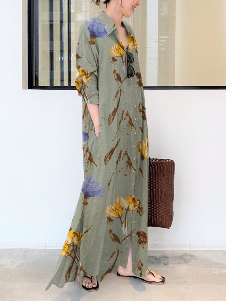 Maxi-hemdkleid Mit Blumenmuster Reverskragen Langen Ärmeln Knöpfen Geschlitztem Saum Und Tasche