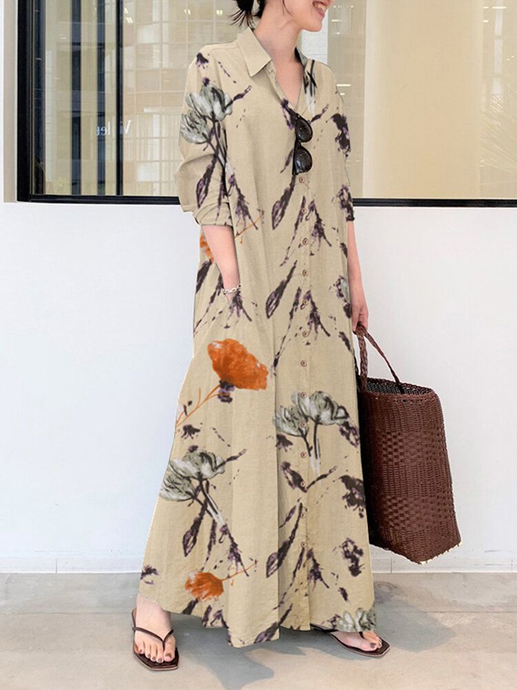 Maxi-hemdkleid Mit Blumenmuster Reverskragen Langen Ärmeln Knöpfen Geschlitztem Saum Und Tasche