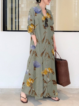 Maxi-hemdkleid Mit Blumenmuster Reverskragen Langen Ärmeln Knöpfen Geschlitztem Saum Und Tasche