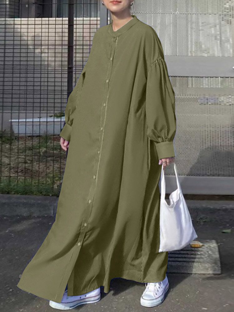 Maxi-hemdkleid Mit Durchgehendem Knopf Und Stehkragen Und Laternenärmeln