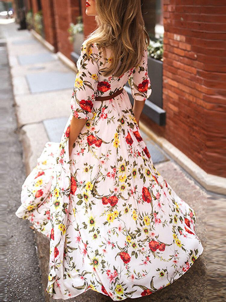 Maxikleid Mit Blumendruck Laternenärmeln Und Rundhalsausschnitt