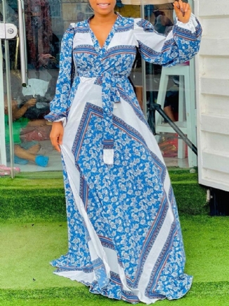 Maxikleid Mit Tribal-blumenmuster Gürtel Und Langen Ärmeln Und V-ausschnitt