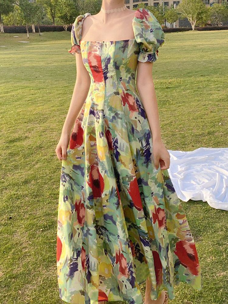 Plissee-maxikleid Mit Blumen-puffärmeln Und Reißverschluss Für Damen