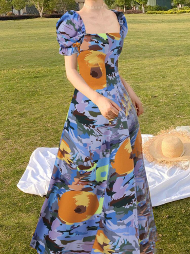 Plissee-maxikleid Mit Blumen-puffärmeln Und Reißverschluss Für Damen