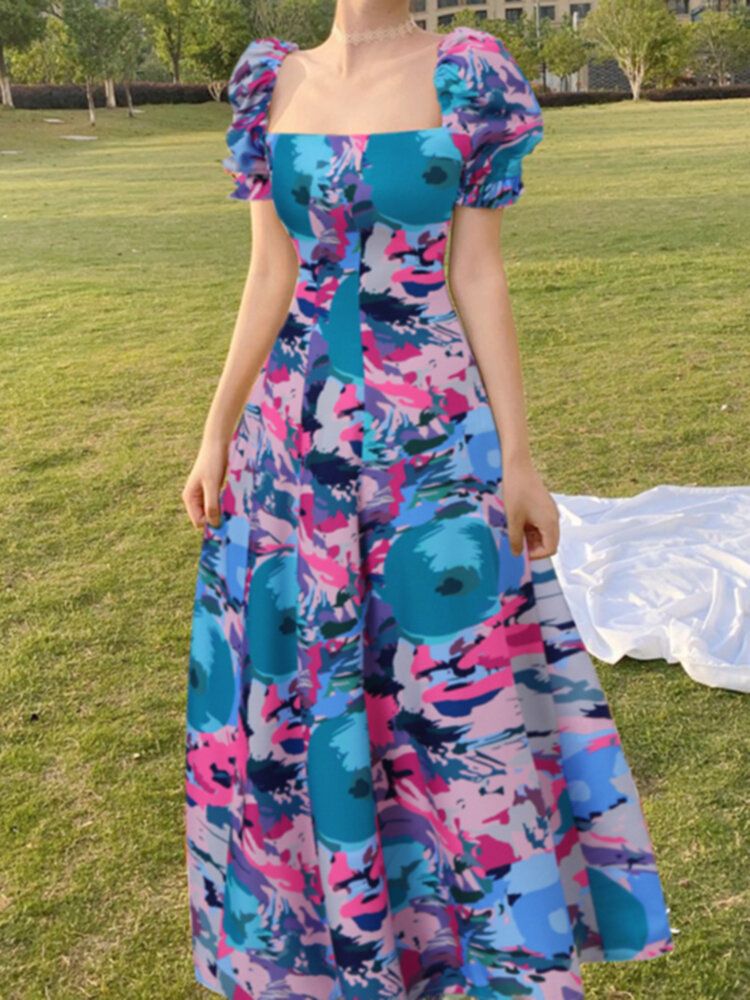 Plissee-maxikleid Mit Blumen-puffärmeln Und Reißverschluss Für Damen