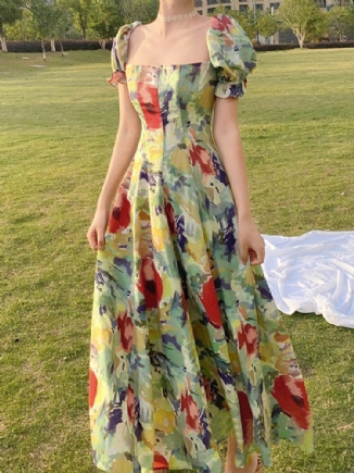 Plissee-maxikleid Mit Blumen-puffärmeln Und Reißverschluss Für Damen