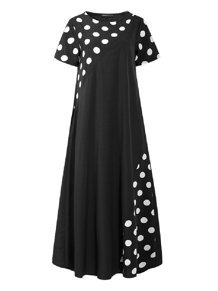 Polka Dot Print Patchwork Kurzarm Holiday Bohemian Maxikleid Für Damen