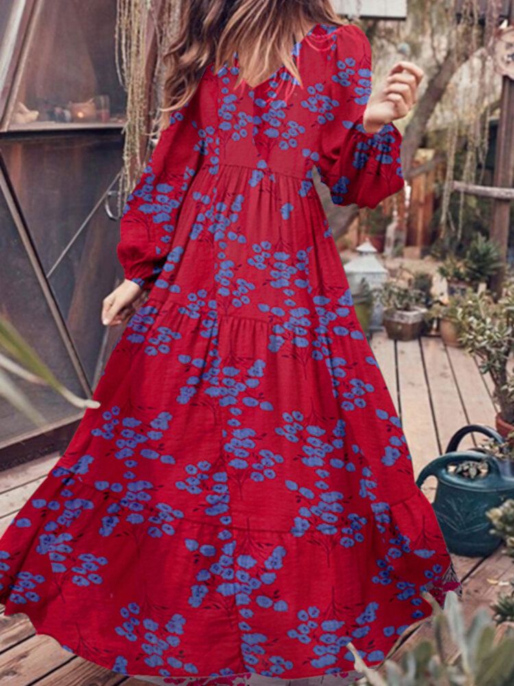 Puffärmel V-ausschnitt Lockeres Freizeitkleid Mit Blumenmuster Für Damen