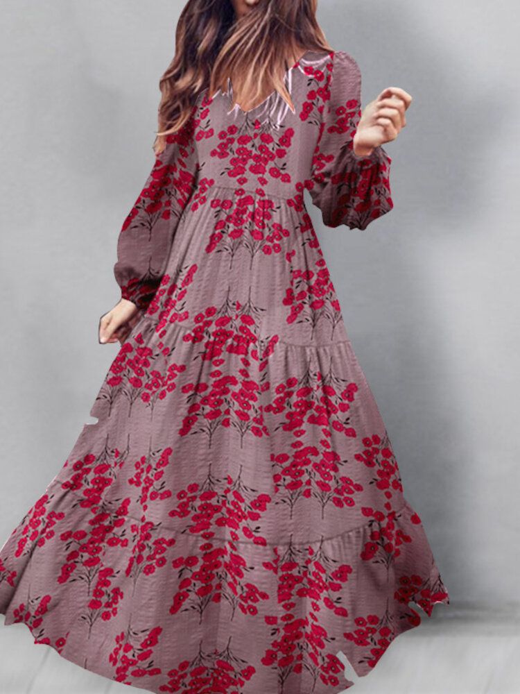 Puffärmel V-ausschnitt Lockeres Freizeitkleid Mit Blumenmuster Für Damen