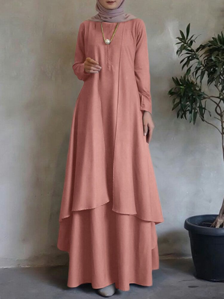 Solides Abaya-kaftan Mit O-ausschnitt Zweilagiges Design Böhmisches Kleid Für Frauen