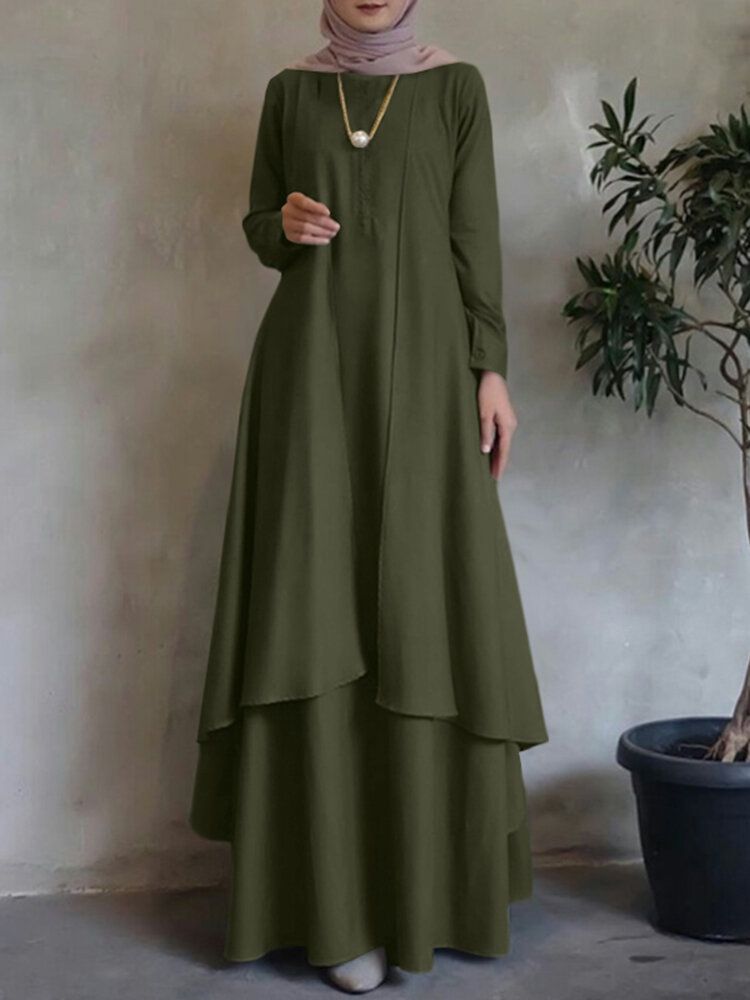 Solides Abaya-kaftan Mit O-ausschnitt Zweilagiges Design Böhmisches Kleid Für Frauen